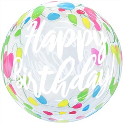 Шар (20''/51 см) Сфера 3D, Deco Bubble, С Днем Рождения! (гирлянда), Прозрачный, Кристалл, 1 шт. в у